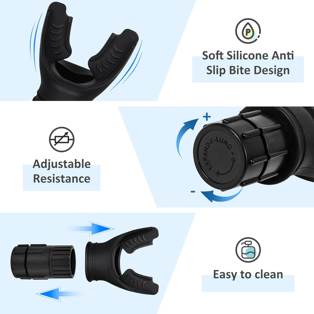 Breathing Trainer with Adjustable Resistance | Portable Respiratory Trainer with High-Grade Silicone | Compact Lung Exercise Device | Easy to Clean (Black)